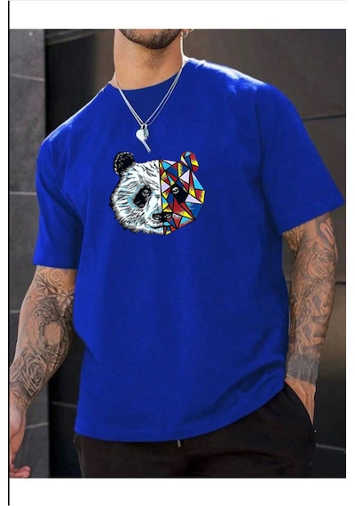 Medinenur Unisex Panda Baskılı T-shirt Mavi