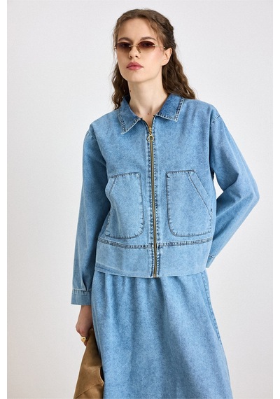 Olcay Fermuar Kapamalı Ceket Etek Denim Takım Mavi 9447-tk
