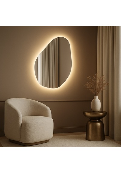 40x58 Cm Modern Asimetrik Led Ayna Dokunmatik, Dim Edilebilir, 3000k Günışığı Banyo Aynası Sarı