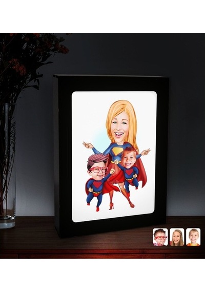Kişiye Özel Süper Anne Süper Çocuklar Karikatürlü Led Işıklı Ahşa