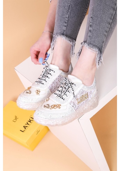 Astra Taşlı Desenli Şeffaf Taban Beyaz Renkli Kadın Sneaker-beyaz Beyaz