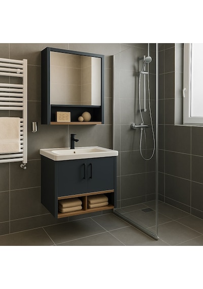 Dmz Home Concept Legna 65 Cm Banyo Dolabı Takımı Antrasit & Ahşap Mdf Seramik Lavabolu Alt Ve Üst Dolaplı