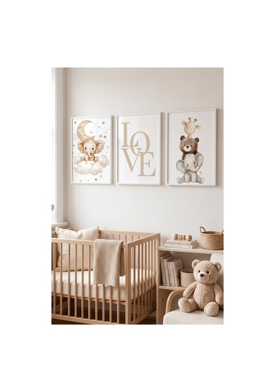 Beyaz Ahşap Çerçeveli Love Yazılı Bebek Odası Hayvan Figürlü Duvar Tablosu 3 Lü Set Beyaz