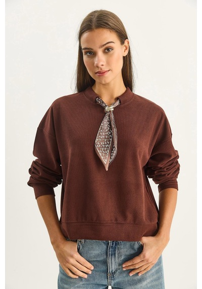 Shade Kadın Fular Detaylı Pamuklu Ottoman Sweatshirt 6931 60283689 - Acı Kahve Çok Renkli