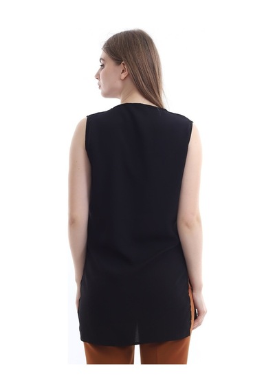 Self Clothing Kadın Siyah V Yaka Cep Ve Yırtmaç Detaylı Bluz Slf1246-Siyah