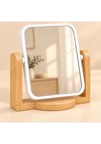 Bambu Ahşap Ayaklı Kare Masa Aynası, 16 X 14 Cm Kompakt Makyaj Ve Bakım Aynası, Ayarlanabilir Açılı Beyaz Çerçeveli Dekoratif Tezgâh Aynası