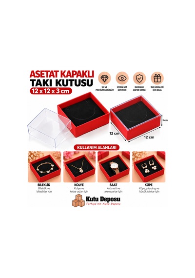 12x12x3 Cm Asetat Kapaklı Takı Kutusu-kırmızı Demonte 50 Adet