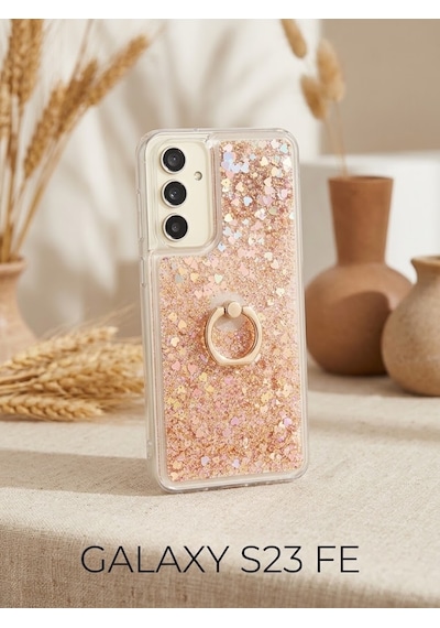 Flody Samsung Uyumlu Galaxy S23 Fe Kılıf Sulu Simli Akışkan Silikon Yüzüklü Gold