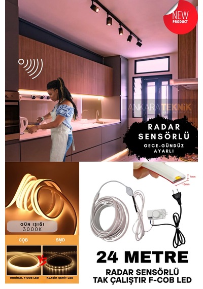 Ankara Teknik Sensörlü Günışığı F- Cob Neon Led / Yüksek Lümen/ Dolap Alcıpan Tavan Led 24 Metre