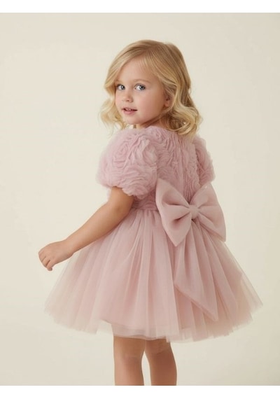 Zekids Kız Çocuk Gül Desenli Tül Abiye Elbise-17283 Pudra