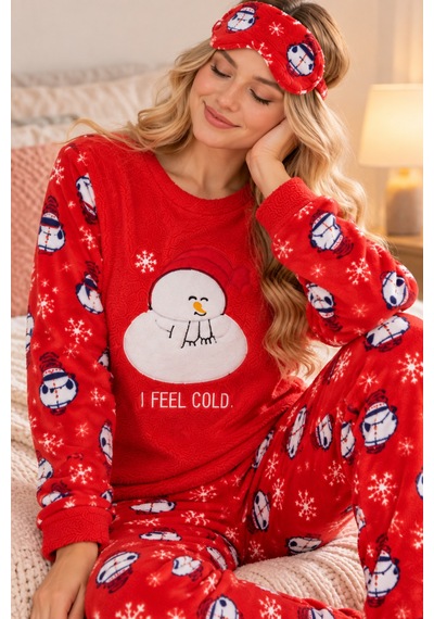 Free Beka Yılbaşı Desenli Kalın Sıcak Tutan Kumaş Kadın Pijama Takımı Ve Göz Bnadı Kırmızı Free Beka Yılbaşı Desenli Kalın Sıcak Tutan Kumaş Kadın Pijama Takımı Ve Göz Bnadı Kırmızı