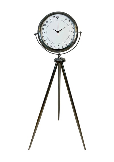 Krom 24 Saat Göstergeli 150 X 45 Cm Metal Özel Tasarım Tripod Ayaklı Saat