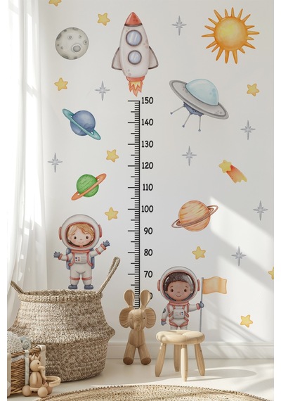 Astronotlar, Uzay Ve Gezegenler Temalı Temalı Boy Ölçer Boy Cetveli Sticker Seti Çocuk Dijital Baskı