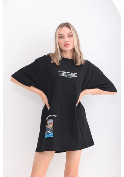 Novalisse Kadın Bisiklet Yaka Baskılı Oversize T-shirt - Siyah Çoklu Renk