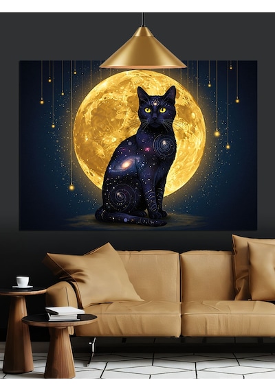 Siyah Kedi Dolunay Işığı Dekoratif Kanvas - Mdf Ahşap Tablo