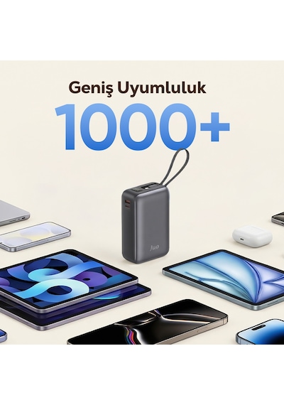 Juo 30000mah 65w Led Ekranlı Usb-a + Type-c Dahili Kablolu Powerbank Taşınabilir Pd Hızlı Şarj Cihazı Gri