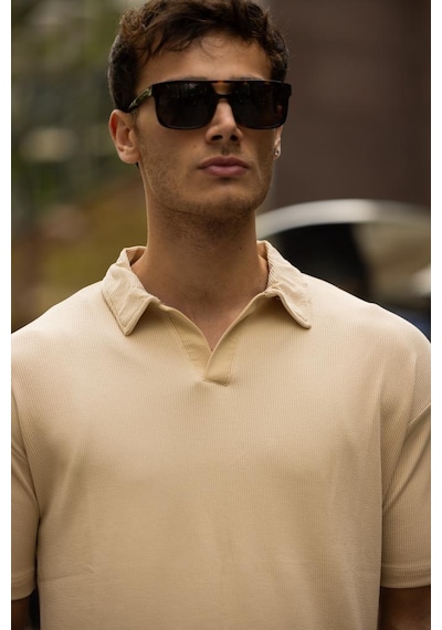 Glasses V Yaka Oversize Fitilli T-shirt - Bej Kahve