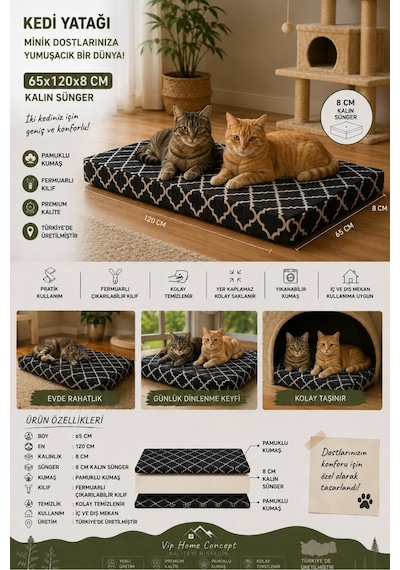 Xl Büyük Irk Köpek Yatağı Süngerli Fermuarlı Yıkanabilir Kılıflı Köpek Minderi 65x120x8 Cm-karaçatı