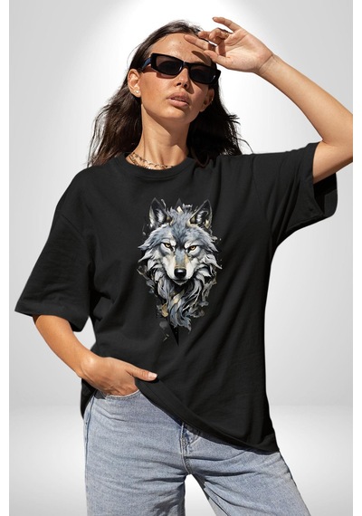 Beyaz Kurt Pamuklu Bisiklet Yaka Unisex Oversize Boyfriend Dijital Baskılı Siyah T-shirt Siyah