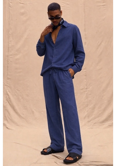 Tarz Cool Erkek Haki Tencel Kumaş Oversize Gömlek Pantolon Takım Rahat Kesim Yazlık Kombin Lacivert