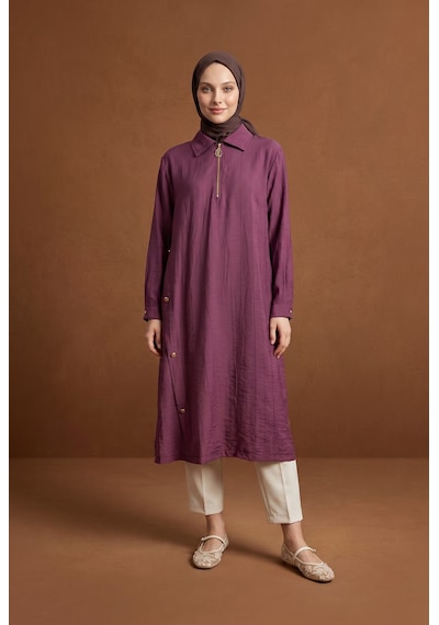 Armine Trend Fermuar Ve Yan Düğme Detaylı Yakalı Uzun Tunik 111 Cm Boy Vişne 26yt447