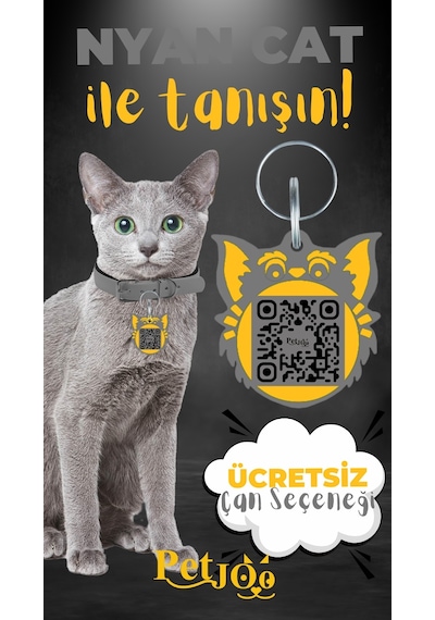 Petjoo 2.Nyan Cat Sarı-Gri Qr'lı Kedi Künyesi