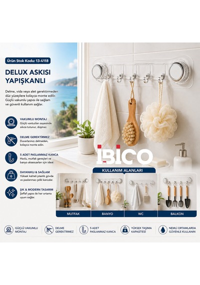 10 Adet Plastik Poşetli 5 Kollu - Vakumlu Delux Askısı Yapışkanlı 38.5cm - 5cm Belirtilmemis