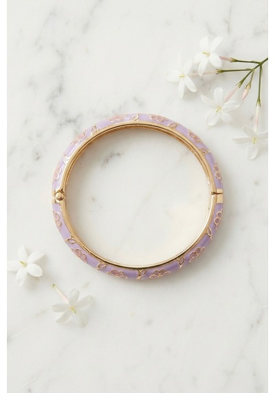 Pembe Çiçek Desenli Mor Zirkon Taşlı Kelepçe Çelik Bileklik Gold