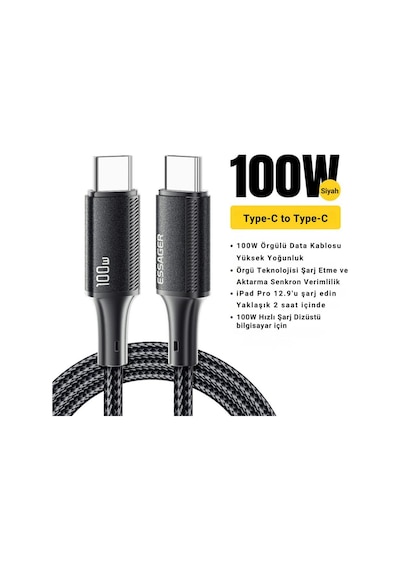 Essager 1 Metre Pd 100w Süper Hızlı Type C To Type C Şarj Data Kablosu, E-marker Çipli Akıllı Şarj Kablosu
