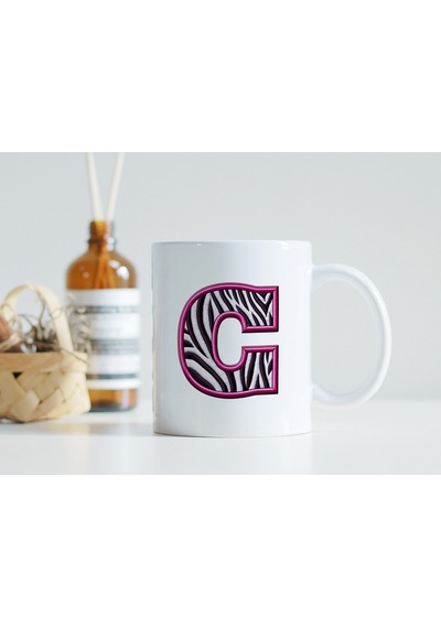 C Harfi Zebra Deseni Ve Pembe Kenarlı Kupa Bardak - Kişiye Özel Nakış Efektli - Siyah Beyaz Pembe Beyaz