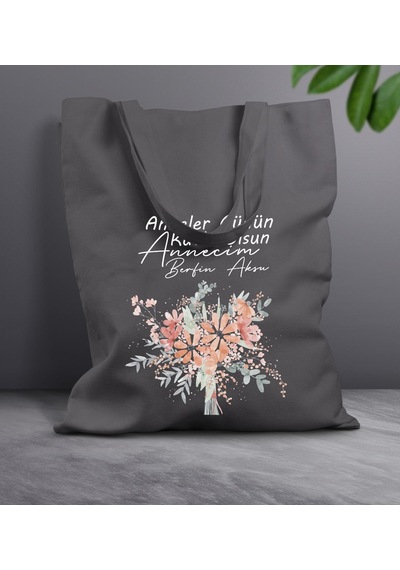 Bk Gift Kişiye Özel İsimli Anneler Günü Tasarımlı Antrasit Kumaş Bez Çanta, Baskılı Omuz Çantası, Alışveriş Çantası, Anneler Günü Hediyesi, Anneye Hediye-9 Sarı