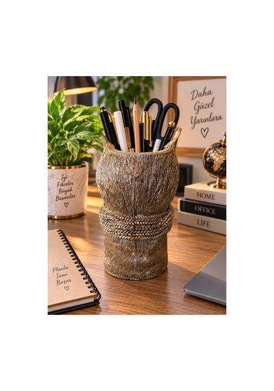 Dekoratif Baykuş Kalemlik Ve Saksı Şık Masaüstü Organizer 20x10 Cm Altın