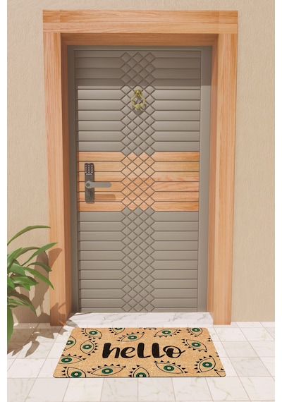 Rugmood Modern Dijtal Baskı Nazar Boncuklu Hello Kapı Önü Paspası Kahverengi