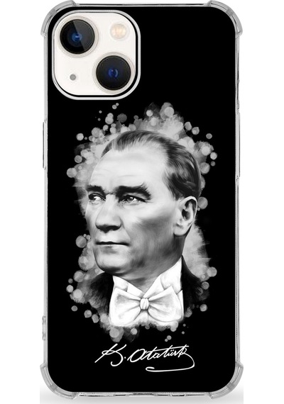 Apple Uyumlu iPhone 13  Darbe Emici Antişok Kapak Atatürk Tasarımlı Şeffaf Silikon Kılıf