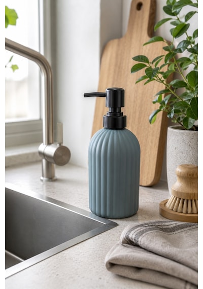 Vovy Çizgili Cam Sabunluk 500 Ml Siyah Pompalı Modern Sıvı Sabun Ve Deterjan Dispenseri - 18,5 Cm X 7 Cm Füme
