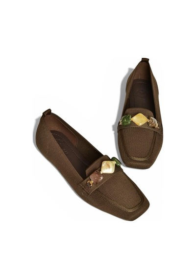 Fox Shoes Y820400304 Kahverengi Triko Kumaş Boncuk Detaylı Kadın Babet Kahverengi