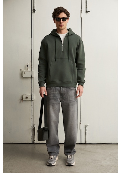 Grimelange Justus Erkek Kapüşonlu Kanguru Cepli Fermuar Yakalı Haki Sweatshirt Haki