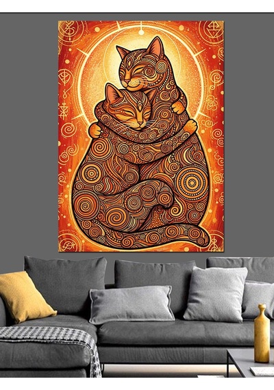 Ahşap Tablo Desenli Kedi Ve Yavrusu Sarılması