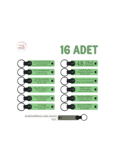 Anaokulu Öğrencilerinden Öğretmenlerine, 16'lı Set, İsimli Hediye Hatıra Anahtarlık, F Yeşil & Gri