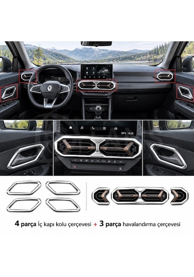 Renault Duster Krom Havalandırma Ve İç Kapı Kolu Çerçevesi 2024 Üzeri 7 Prç P.çelik Parlak