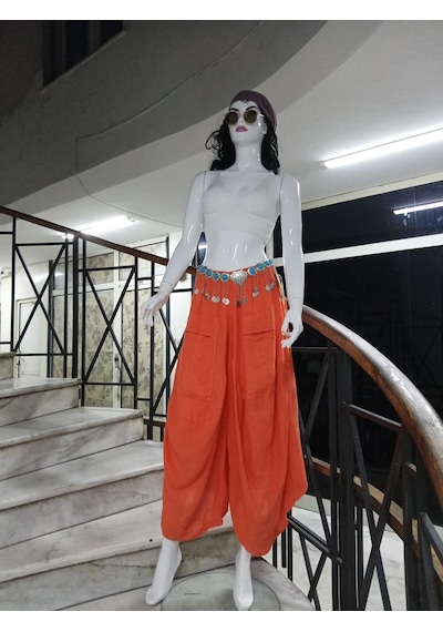 Bohem Stil İtalyan Cepli Keten Şalvar Pantolon Cmn00154 Oranj