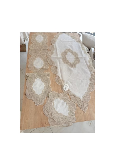 Salon Takımı Bellisima Çeyizlik Kreme Kapi Runner Set 5 Parça Keten Ranır Masa Sehpa Konsol Örtüsü Çok Renkli