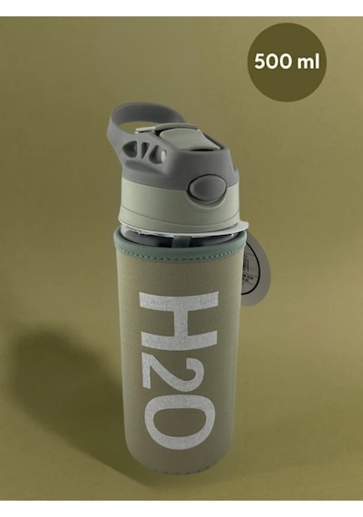 H2o Kılıflı Pipetli Cam Matara 500 Ml Haki
