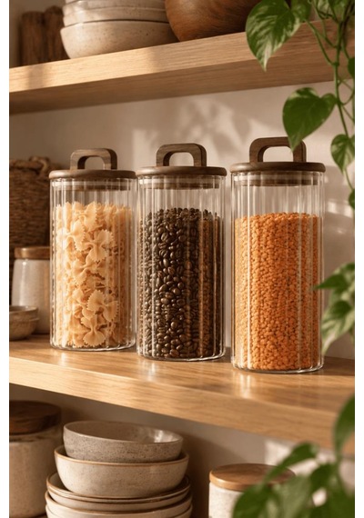 Atbyhome 3'lü Akasya Ahşap Kapaklı Çizgili Cam Kavanoz Seti 1250 Ml - Vakumlu Erzak Bakliyat Kabı Ahşap - Şeffaf