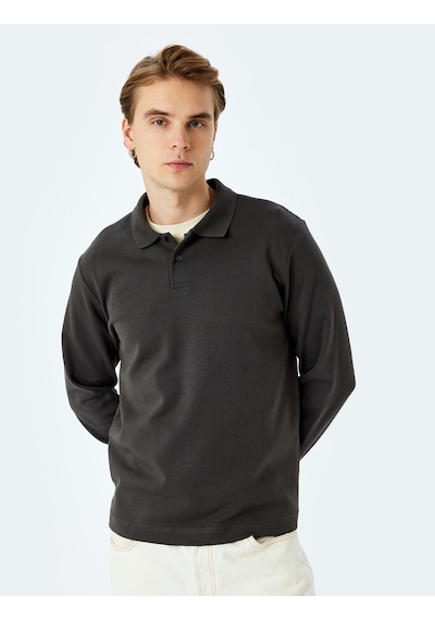 Koton Pamuklu İnterlok Kumaş Polo Yaka Sweatshirt Antrasit 5sam70003mk Antrasit