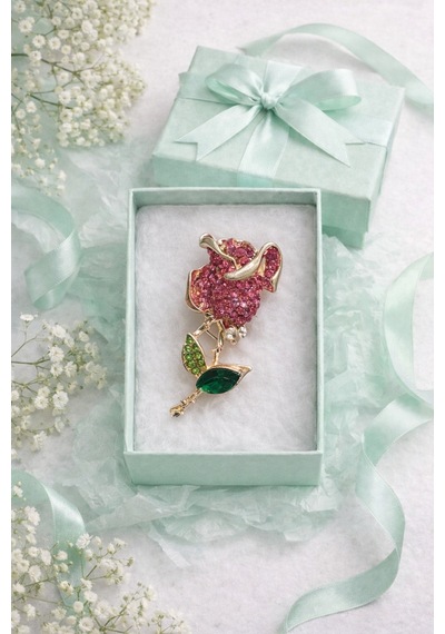 Kırmızı Gül Broş Şık Tasarım Taşlı Rose Brooch Hediye Kutulu Kadın Aksesuar Renkli