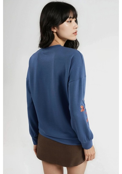 Fiolin Modal Dokulu İşlemeli Bisiklet Yaka Sweatshirt İndigo Mavi