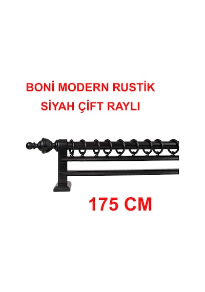 Boni Modern Rustik Ahşap Rustik Perde Askısı Çift Raylı-siyah 175 Cm Siyah