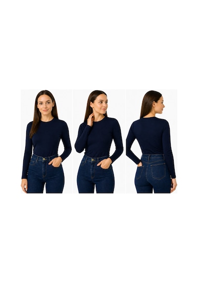 İngegno Body Bisiklet Yaka Uzun Kol Örme Kumaş Viskon Kadın Body Lacivert