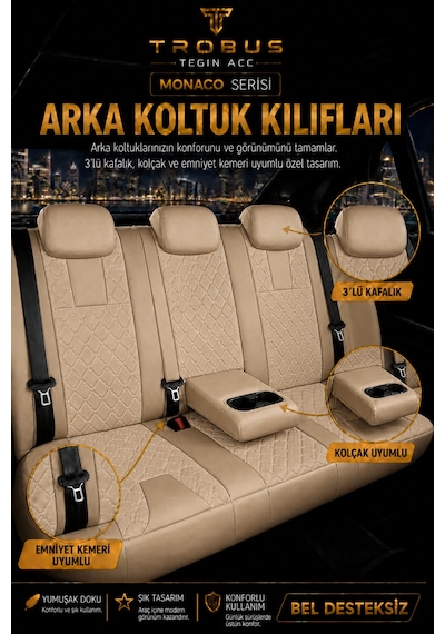 Vw Golf 7 Kasa 2013-2020 Uyumlu Monaco Serisi Eviza Deri Detaylı Bej Koltuk Kılıfı